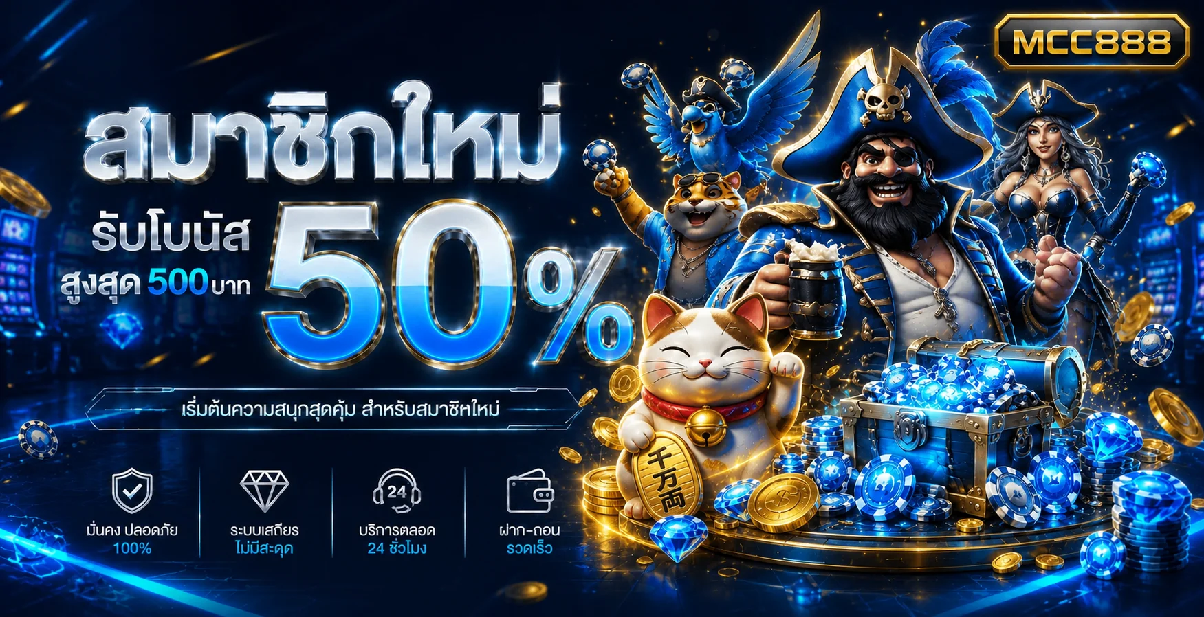 แบนเนอร์สมัครใหม่ MCC888 พร้อมตัวละครเกมสล็อตโทนฟ้าน้ำเงินและทอง
